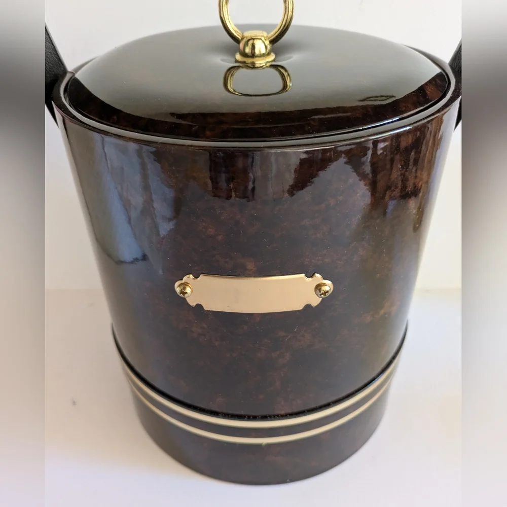 Ice Bucket Faux Tortoise With Lid Vintage Made USA Monogram Letters Thongs
